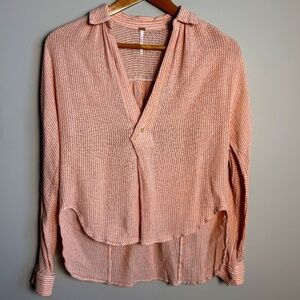 Free People Collared V-Neck Long Sleeve Cotton Cover-Up Top High/Low Peach‎ XS